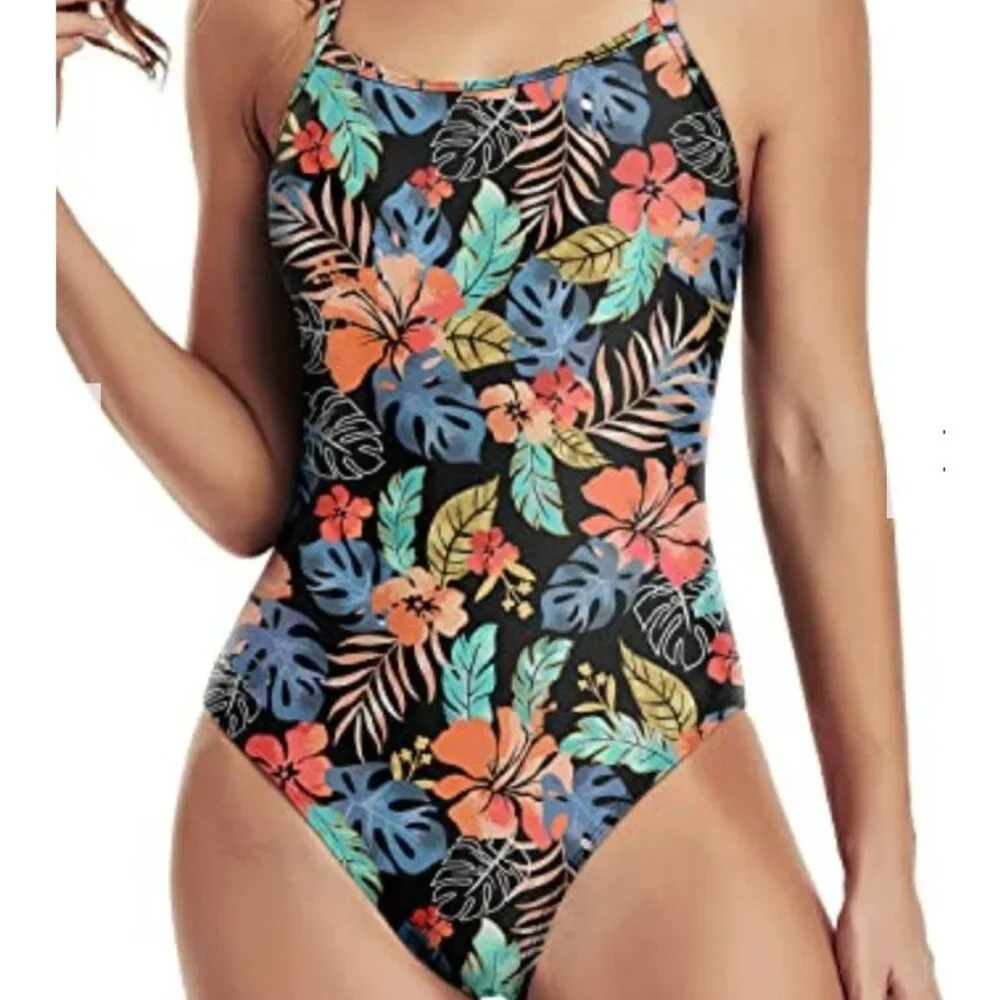 Tempt Me Womens Large Tropical Floral One-Piece Swimsuit Crisscross Sides Beach